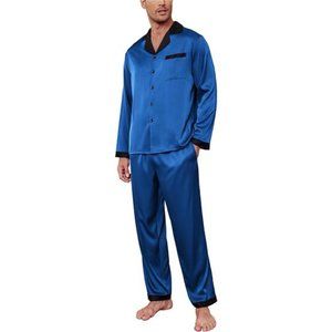 Men Satin Silk Pajamas Set with Pockets Long Sleeve-royal Blue